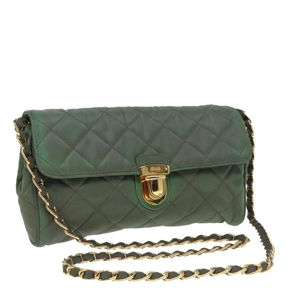 PRADA Chain Quilted Shoulder Bag Nylon Khaki Gold Auth 90227 - Picture 1 of 15